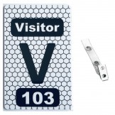 Custom Numbered White PVC 2 Panel Hex Badge with Clear Vinyl 2 Hole Strap Clip - 50 Pcs Pack